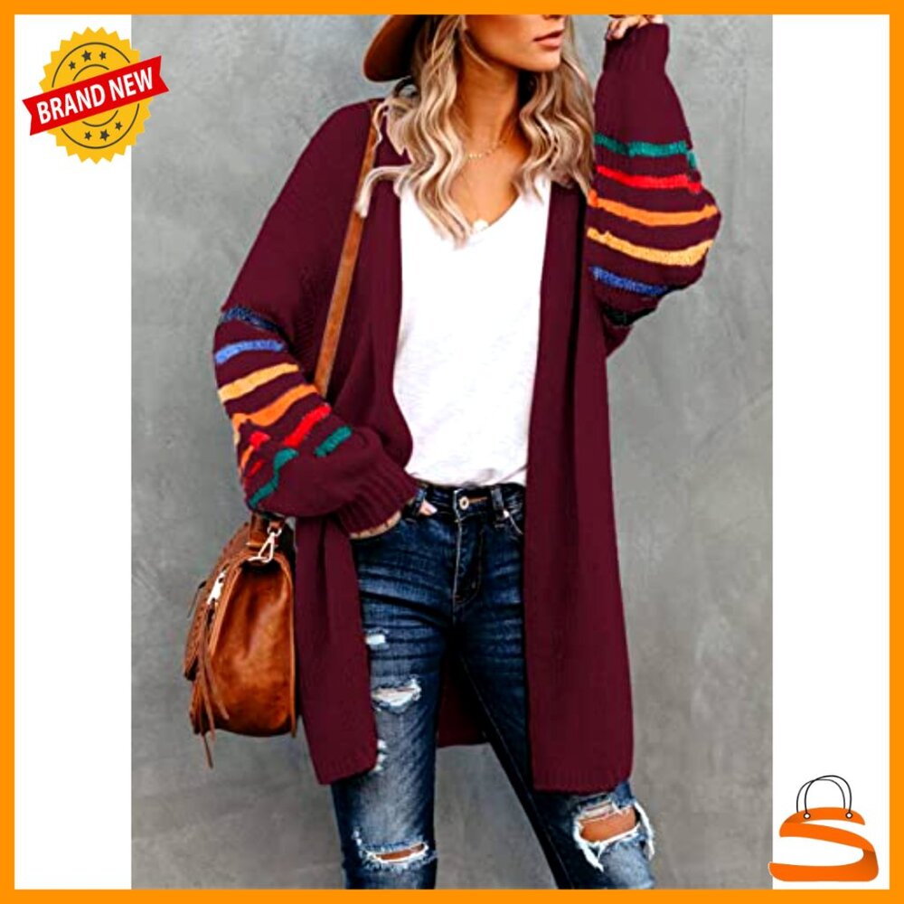 Long Open Front Cardigan Striped Color Block Loose Knit Sweater Outwear Coat - Picture 2 of 7